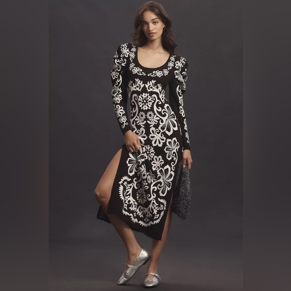 FARM Rio Dresses & Skirts - Anthropologie Farm Rio Long-Sleeve Scoop-Neck Floral Side-Slit Midi Dress